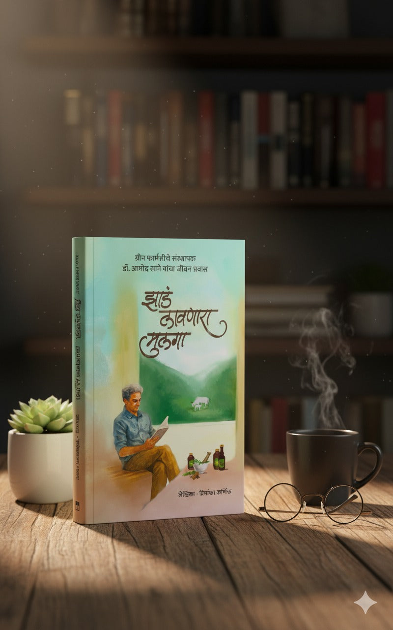 Book with a cover illustration of a man reading by a lake, placed on a wooden surface with a blurred bookshelf in the background.