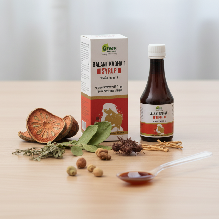 Bottle and box of Balant Kadha 1 Syrup with ingredients on a table