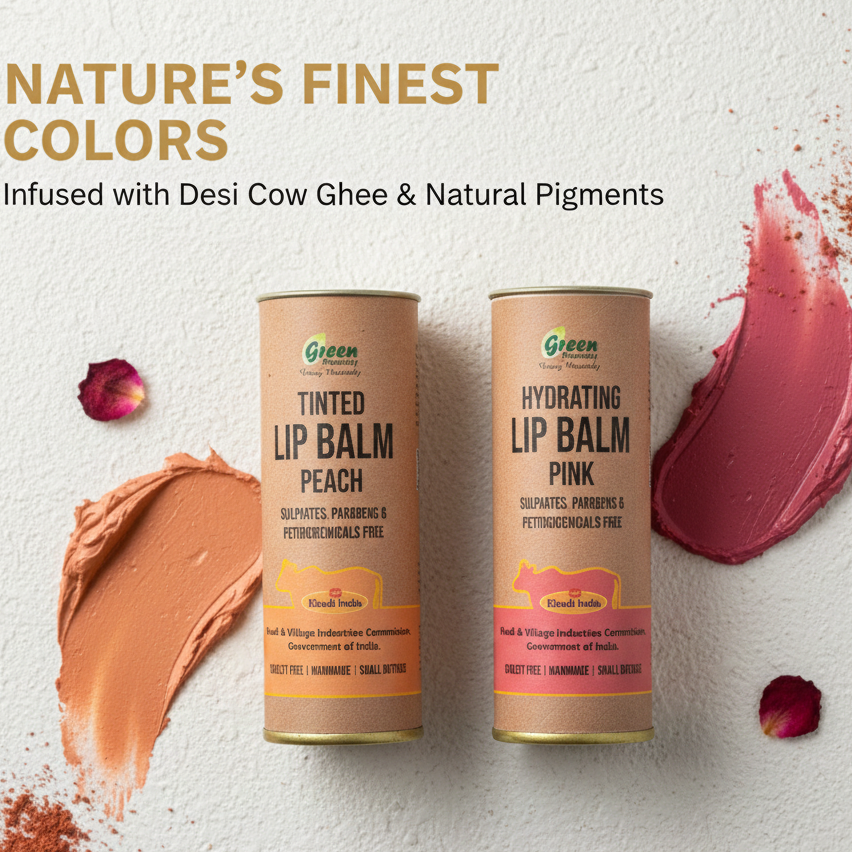 Two lip balm containers with color swatches and promotional text on a light background