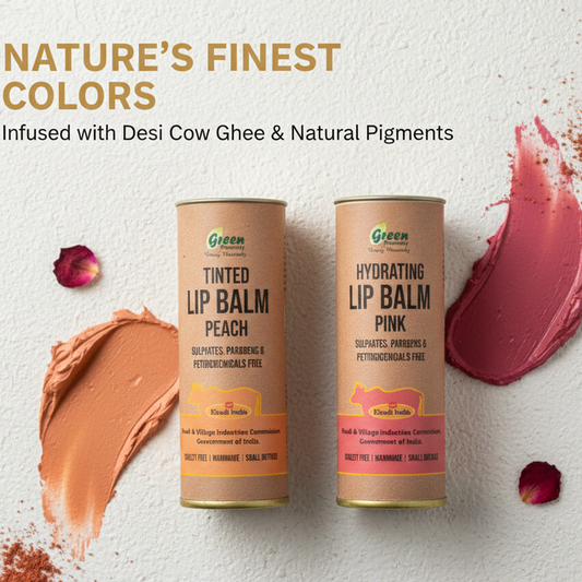 Two lip balm containers with color swatches and promotional text on a light background