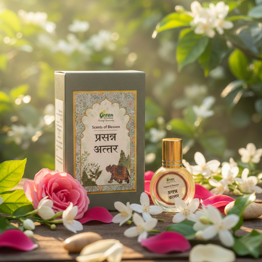 A bottle of perfume and a box on a wooden surface with flowers and greenery in the background
