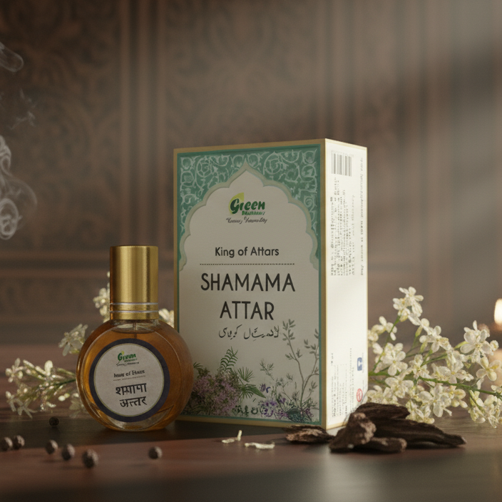 Shamam Attar perfume bottle and packaging on a wooden surface with decorative elements.