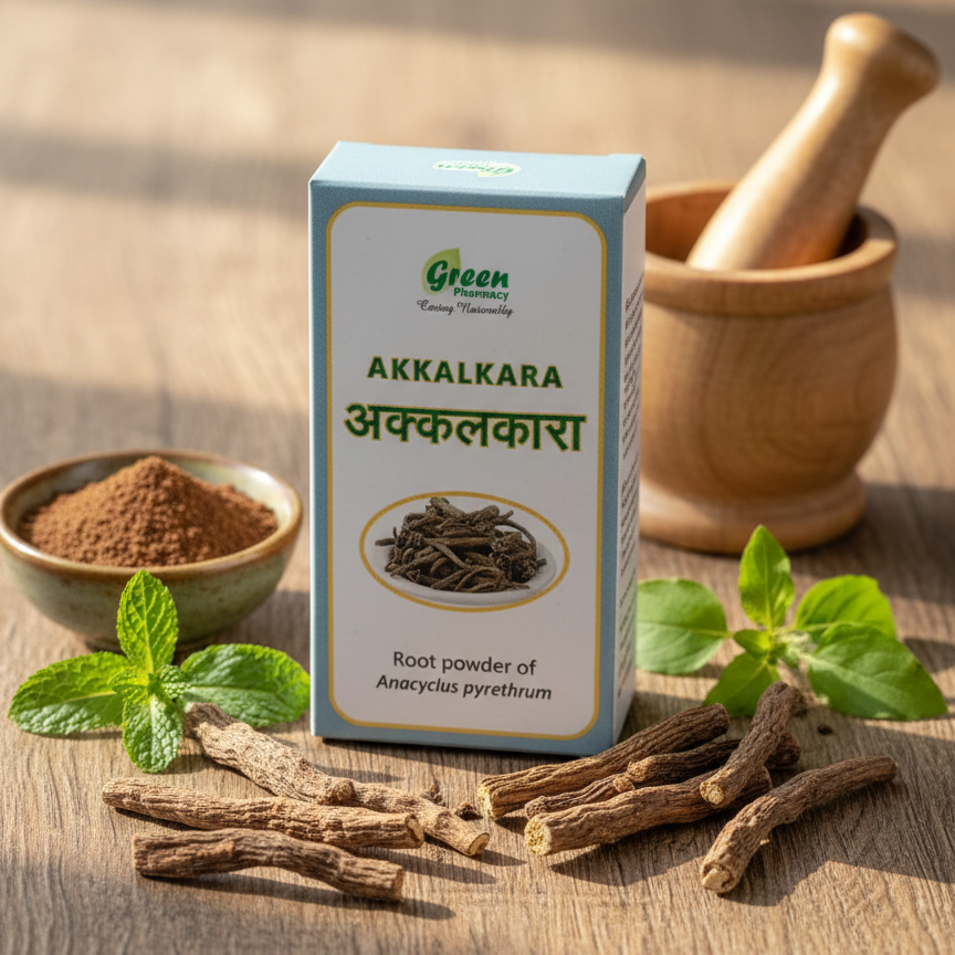 Akkalkara root powder packaging with roots and leaves on a wooden surface