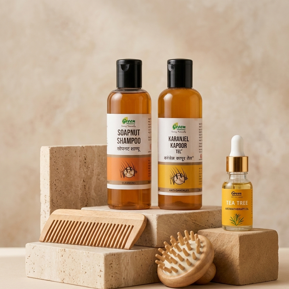 Set of natural hair care products including shampoo, soap, and oil on a beige background