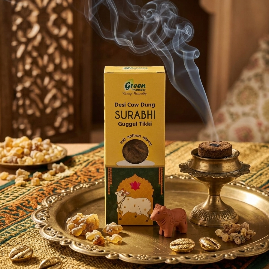 Surabhi Guggul Tikka packaging with smoking incense on a decorative tray