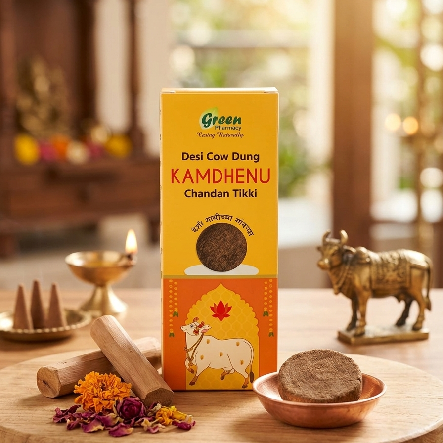 Kamdhenu Chandan Tikki packaging on a wooden surface with traditional decor
