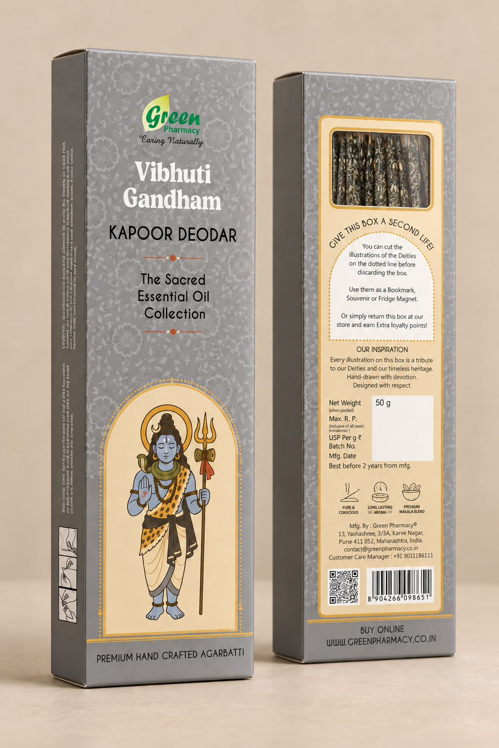 Front and back views of a Green Fragrances Vibhuti Gandham Kapoor Deodar incense box on a light beige background.