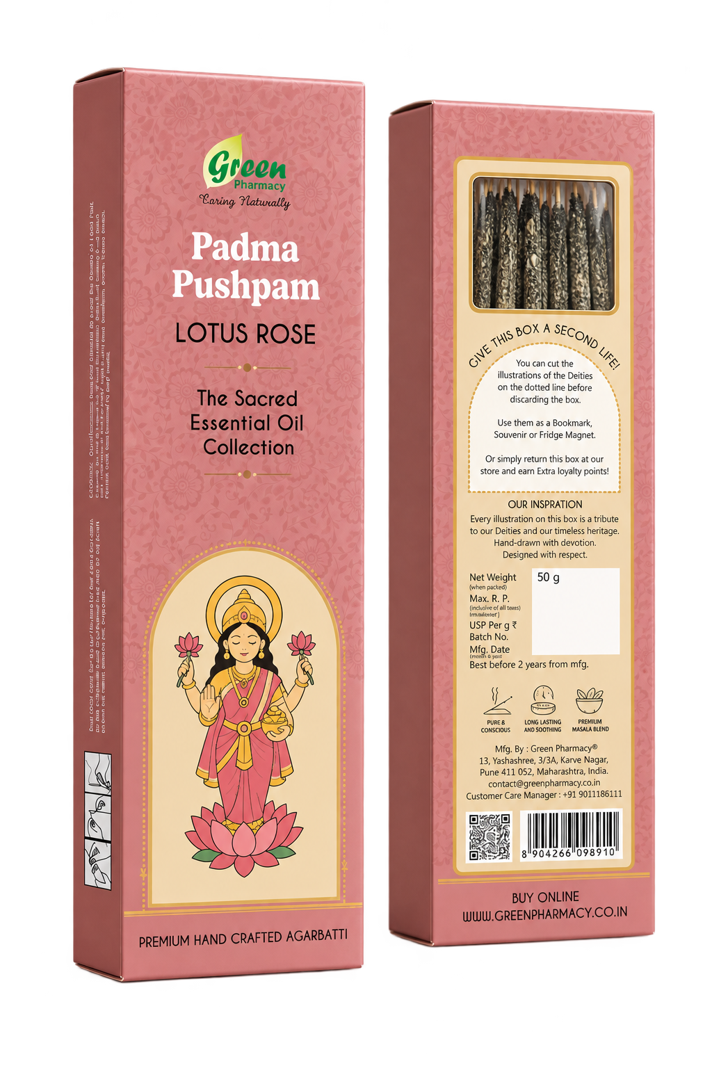 Two pink boxes of Green Living Naturally Padma Pushpam Lotus Rose Sacred Essential Oil Collection agarbatti, showing the front and back packaging details on a white background.