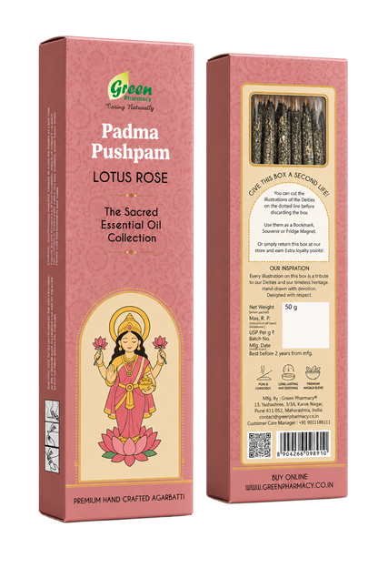 Two pink boxes of Green Living Naturally Padma Pushpam Lotus Rose Sacred Essential Oil Collection agarbatti, showing the front and back packaging details on a white background.