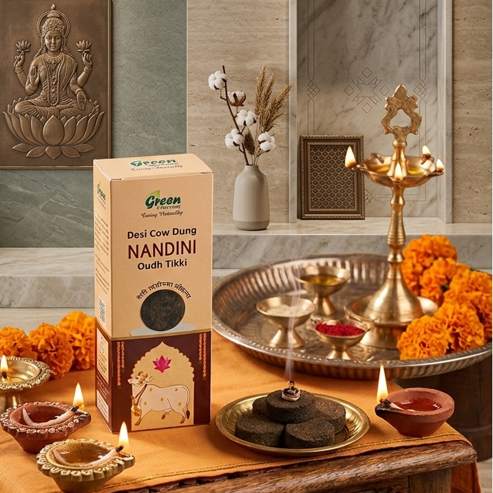 Nandi incense packaging on a decorative table with candles and flowers