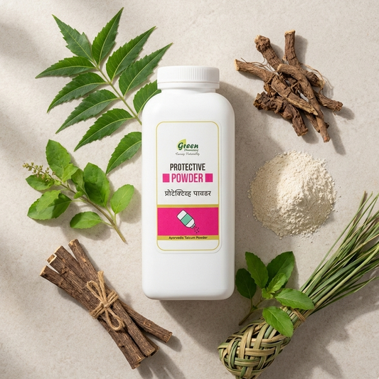 Container of protective powder with natural elements on a beige background