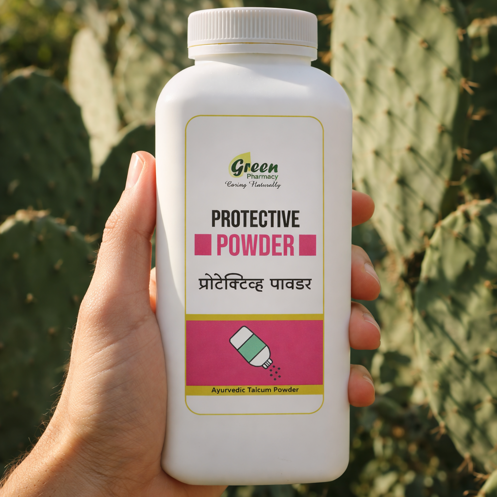 Hand holding a bottle of 'Protective Powder' with cacti in the background