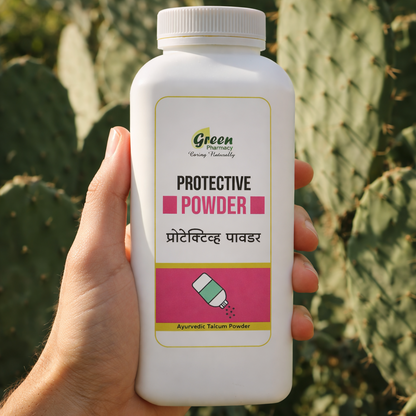 Hand holding a bottle of 'Protective Powder' with cacti in the background