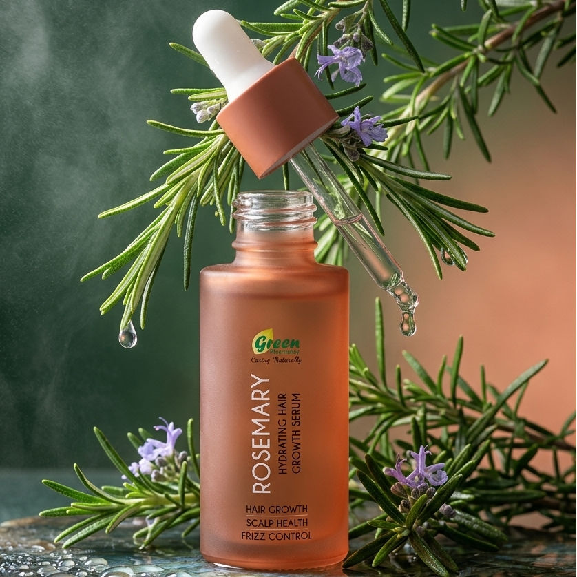 Rosemary hair growth serum bottle with dropper on a green background