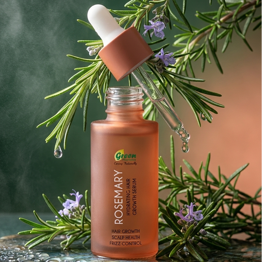 Rosemary hair growth serum bottle with dropper on a green background