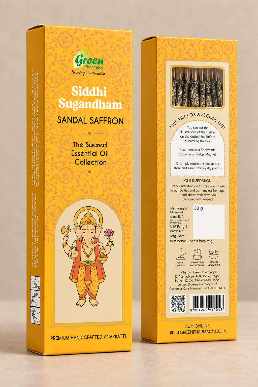 Two yellow cardboard boxes of Siddhi Sugandham Sandal Saffron from Green Pharmacy, displayed side-by-side against a neutral beige background.
