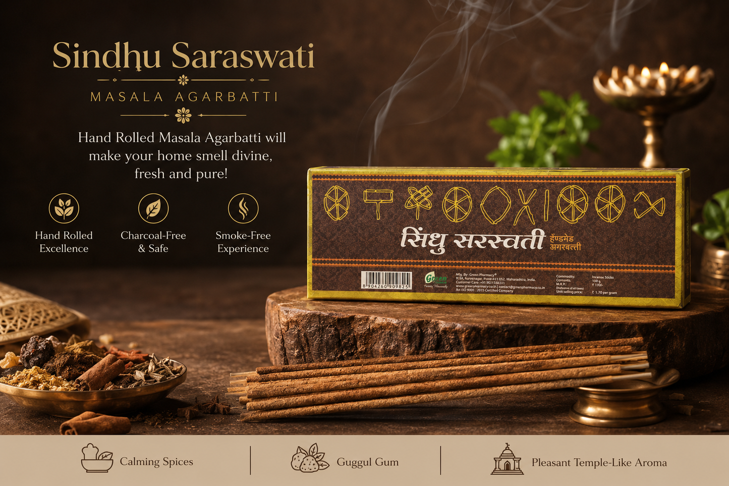 Sindhu Saraswati Masala Agarbatti packaging with incense sticks on a wooden surface.