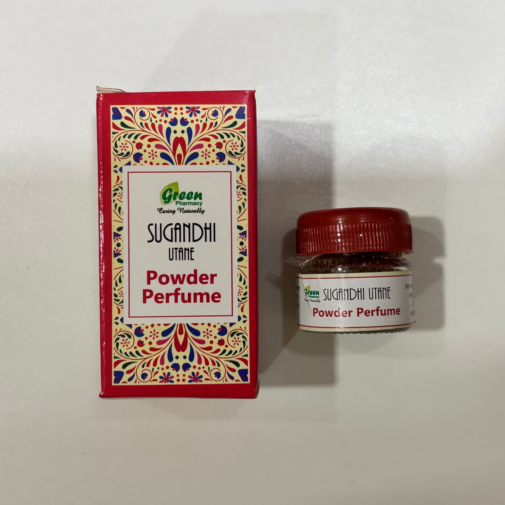Sugandhi Powder Perfume packaging with decorative box on a white background