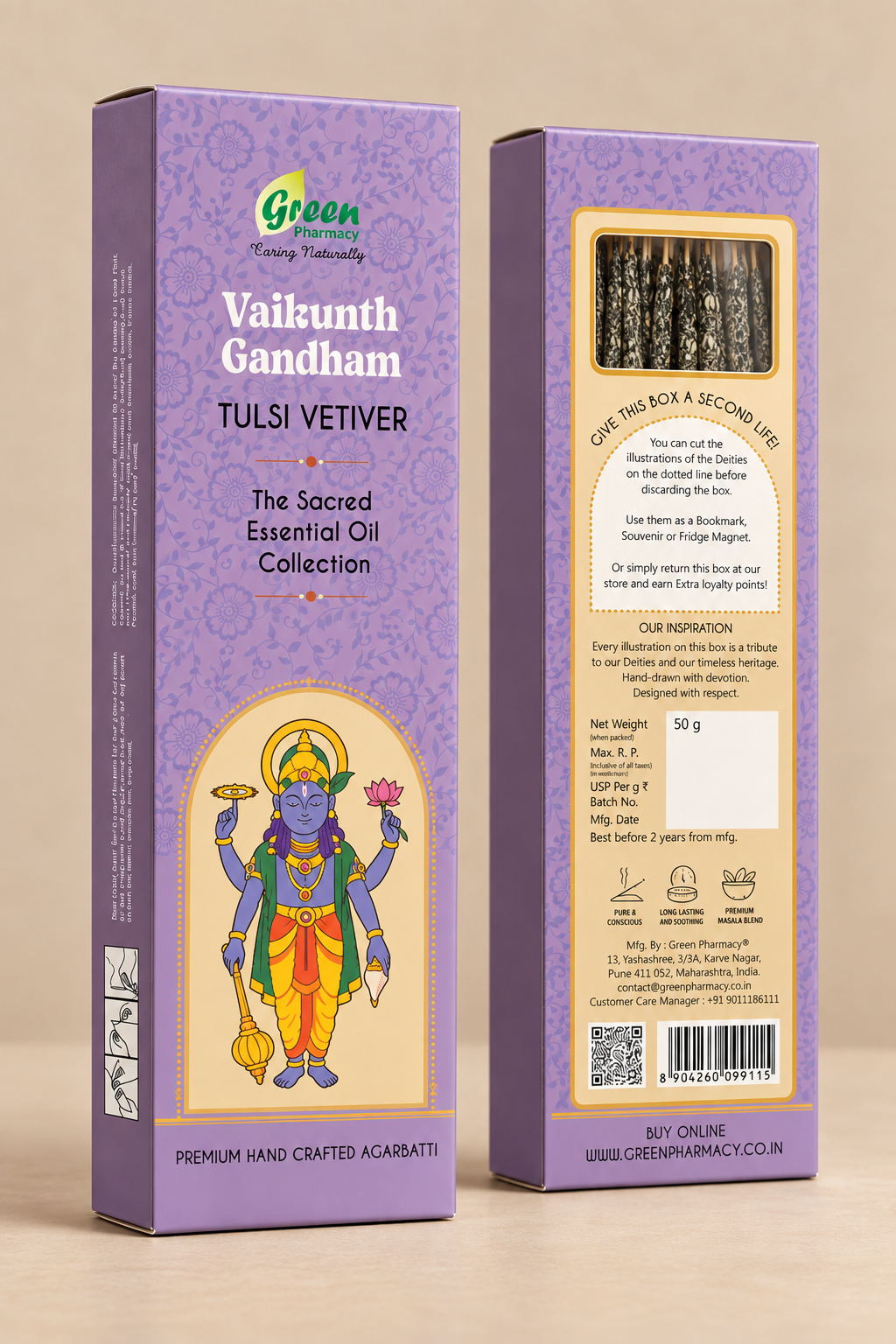 Two purple rectangular boxes of Green Pharmacy Vaikunth Gandham Tulsi Vetiver essential oil collection, shown on a beige background. One box displays the front with a colorful illustration of Lord Vishnu, and the other shows the back with product details, barcode, and a small photo of incense sticks.