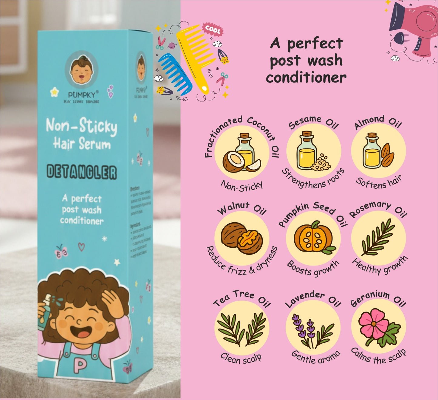 Kids-Friendly Pumpky Non-Sticky Hair serum (Detangler)