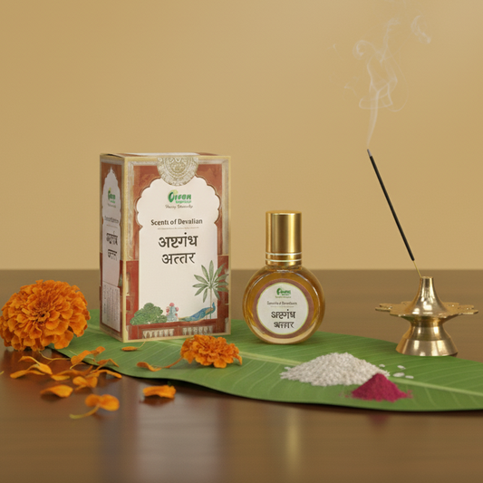 Traditional Ayurvedic products including a box, bottle, and incense on a wooden surface with a beige background.
