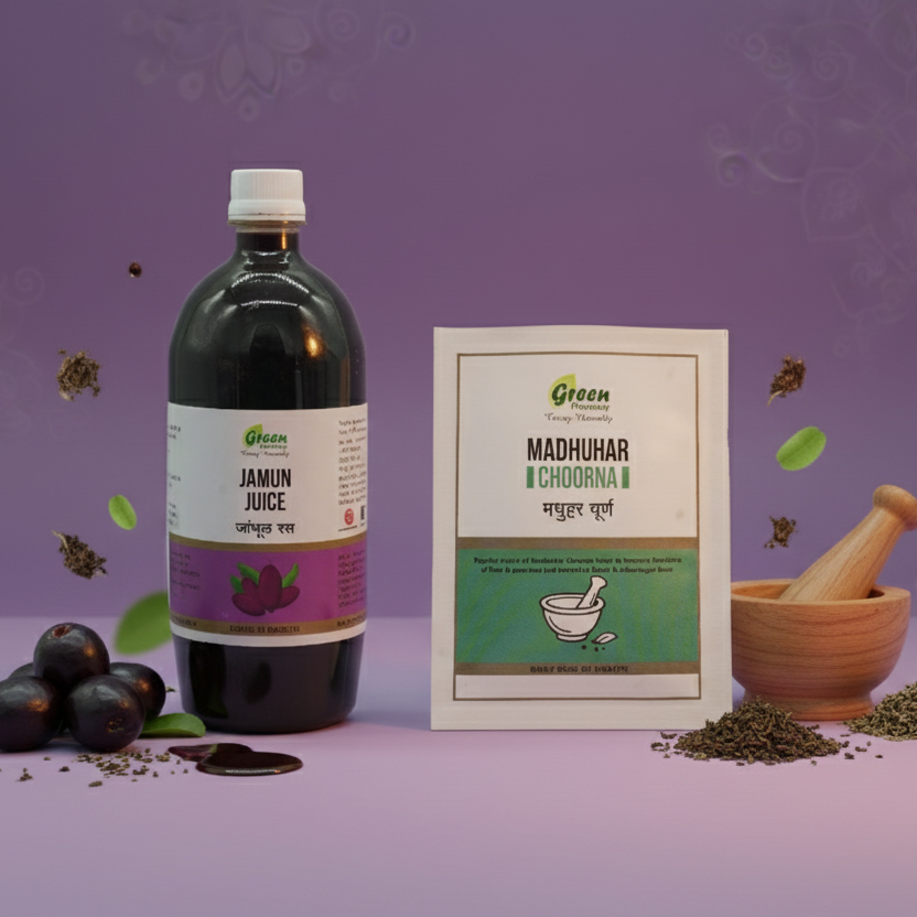 Bottle of Jamun Juice with packaging and ingredients on a purple background