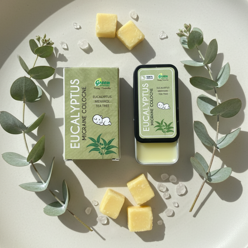 Eucalyptus soap bars and packaging on a white plate with eucalyptus leaves.