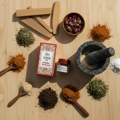 Spices, herbs, and a mortar and pestle on a wooden surface