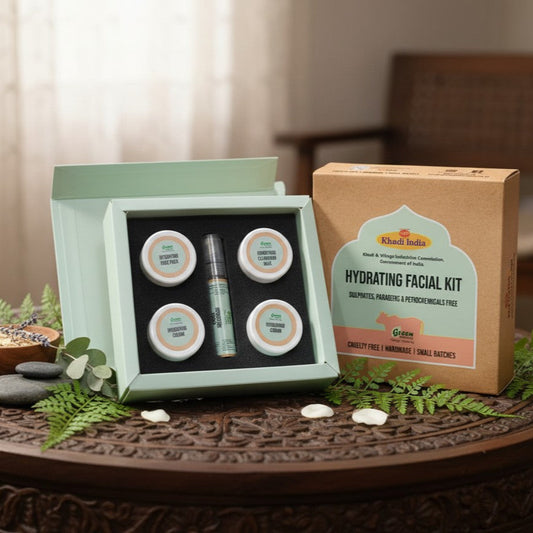 Hydrating facial kit on a decorative table with greenery