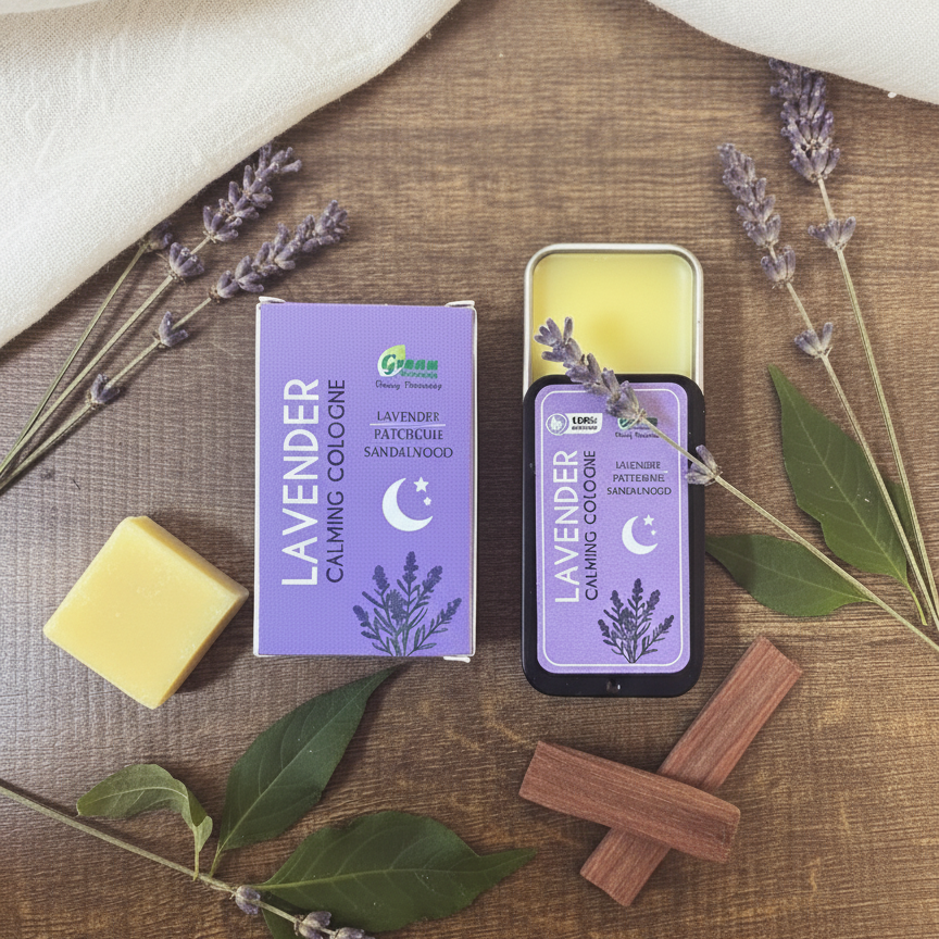 Lavender box and packaging on a wooden surface with lavender flowers and leaves.