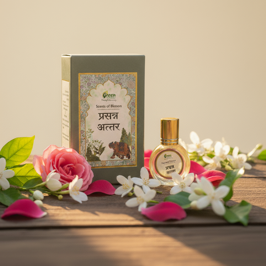 Perfume bottle and packaging with flowers on a wooden surface