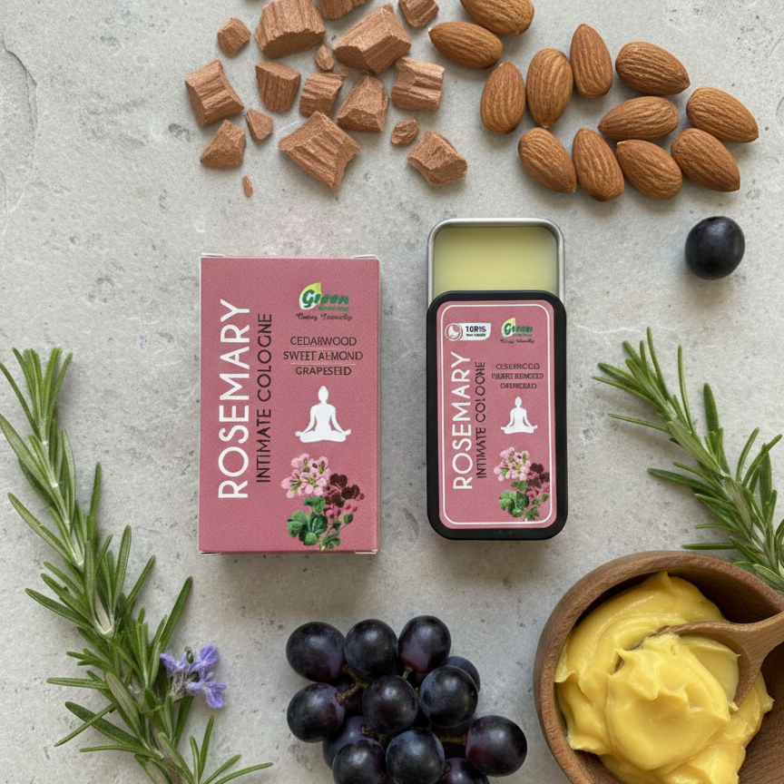 Rosemary-infused product packaging with rosemary leaves, almonds, grapes, and a bowl of yellow substance on a light surface.