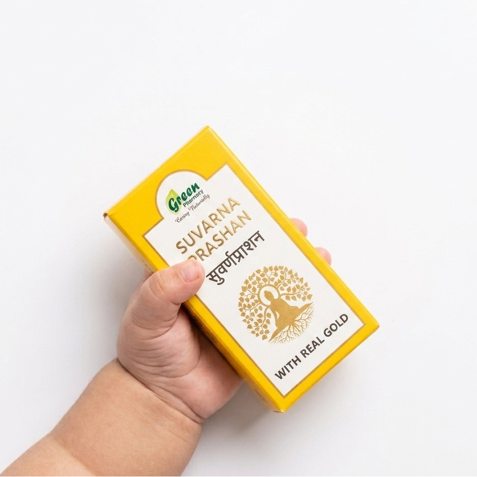 Hand holding a yellow box labeled 'Suvarna Rashan' with real gold on a white background