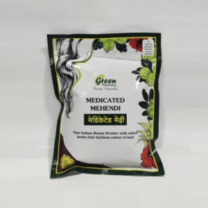 Medicated mehendi is fine Indian henna powder with selected herbs that darkens hair colour.