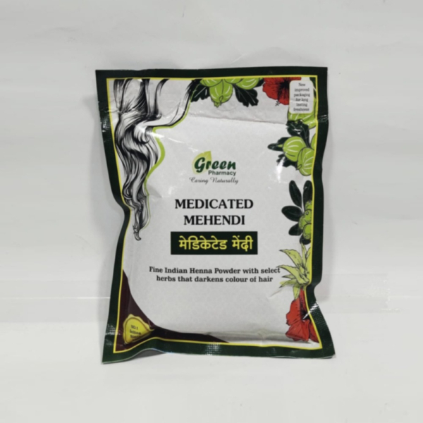 Medicated mehendi is fine Indian henna powder with selected herbs that darkens hair colour.